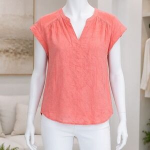 Splendid Womens Blouse Linen Blend Split Neck Cap Sleeve Coral Pink Small